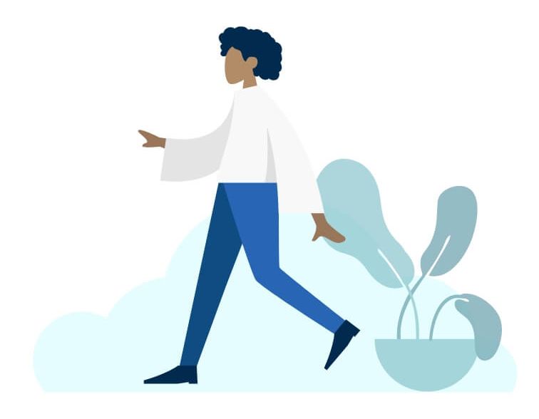 A woman walking past some clouds